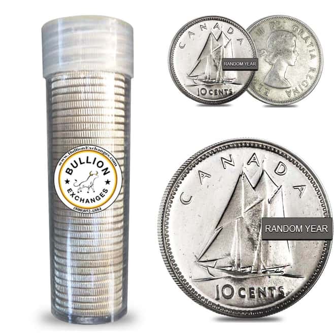 $5 Face Value Canada 80% Dimes Silver 50-Coin Roll Random Year (Circulated)
