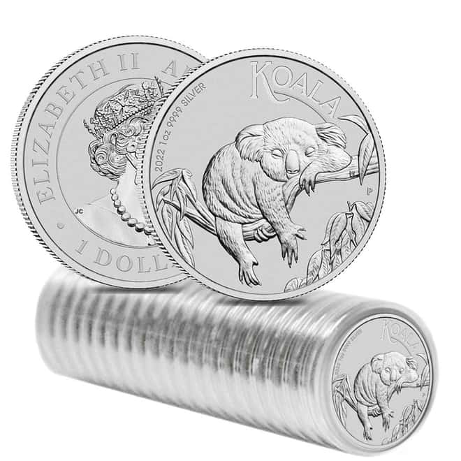 Box of 100 - 2022 1 oz Silver Australian Koala Perth Mint .9999 Fine BU In Cap (5 Tubes, Lot of 100)
