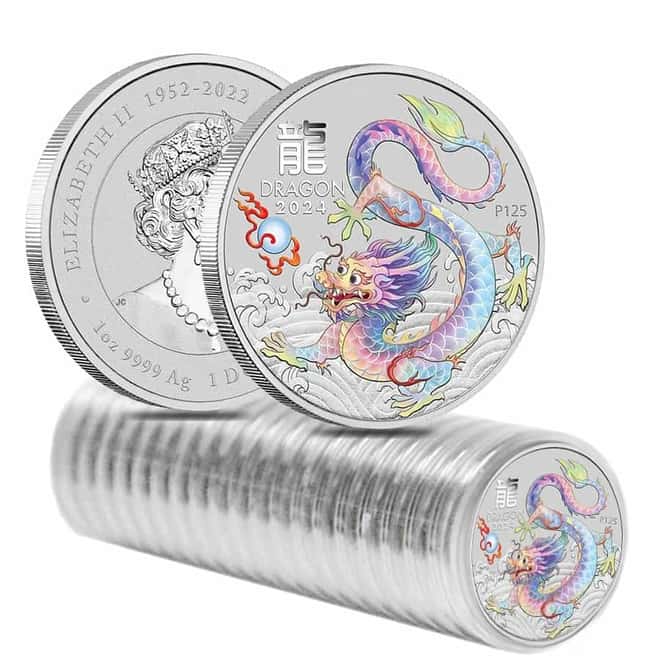 Box of 100 - 2024 1 oz Colorized Lunar White Dragon Silver Coin BU Perth Mint