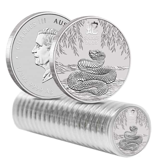 Box of 100 - 2025 1/2 oz Silver Lunar Snake BU Australian Perth Mint