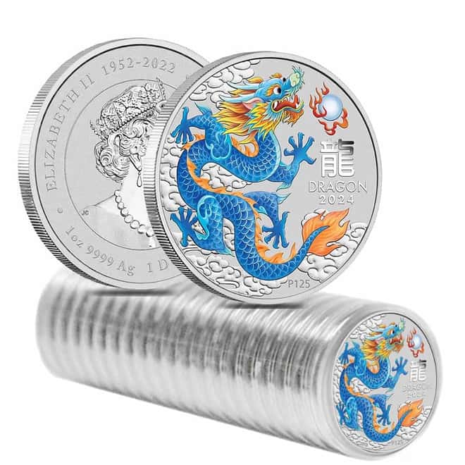 Box of 100 - 2024 1 oz Colorized Lunar Blue Dragon Silver Coin BU Perth Mint