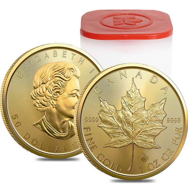 Roll of 10 - 2022 1 oz Canadian Gold Maple Leaf $50 Coin .9999 Fine BU (Lot, Tube of 10)