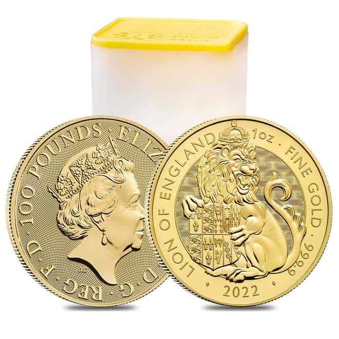 Tube of 10 - 2022 Great Britain 1 oz Gold The Tudor Beasts Lion of England Coin .9999 Fine BU