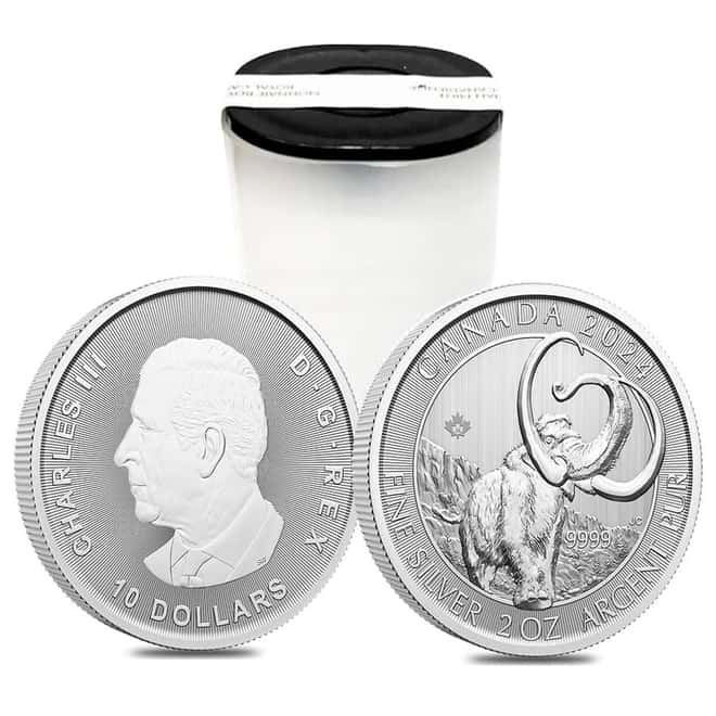 Tube of 14 - 2024 Canada 2 oz Ice Age Woolly Mammoth Silver Coin BU