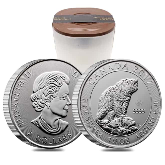 Roll of 15 - 2017 1.5 oz Silver Canadian Grizzly Bear $8 Coin .9999 Fine BU