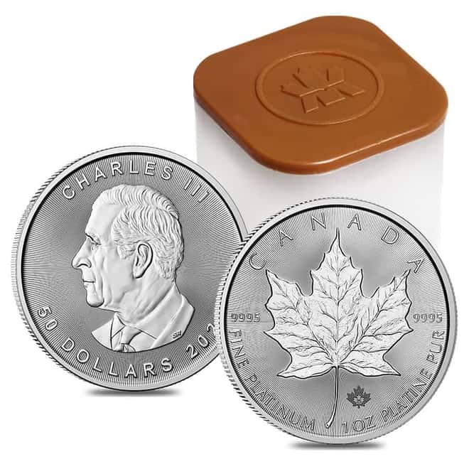 Roll of 10 - 2025 1 oz Platinum Canadian Maple Leaf $50 Coin BU