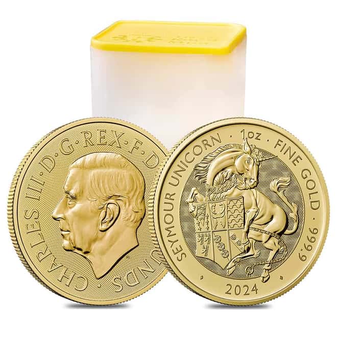 Tube of 10 - 2024 GB 1 oz Gold The Tudor Beasts Seymour Unicorn Coin BU