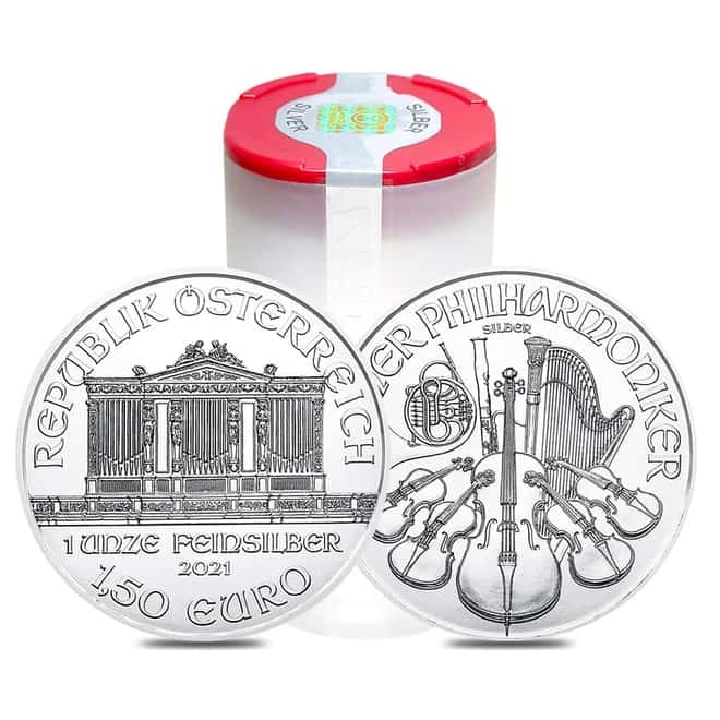 Monster Box of 500 - 2021 1 oz Austrian Silver Philharmonic Coin BU (25 Roll, Tube of 20)