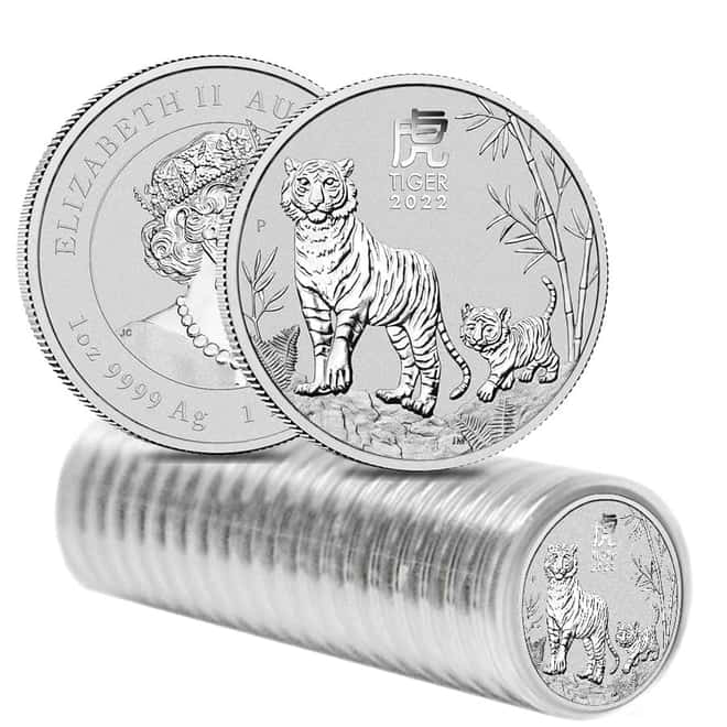 Roll of 20 - 2022 1 oz Silver Lunar Year of The Tiger BU Australian Perth Mint In Cap (Tube, Lot of 20)