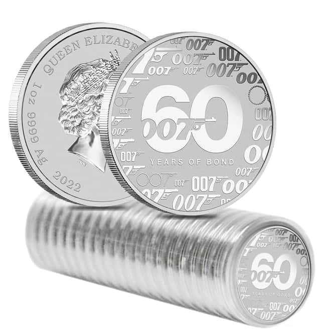 Roll of 20 - 2022 1 oz Tuvalu James Bond - 60 Years of Bond Silver Coin .9999 Fine BU In Cap