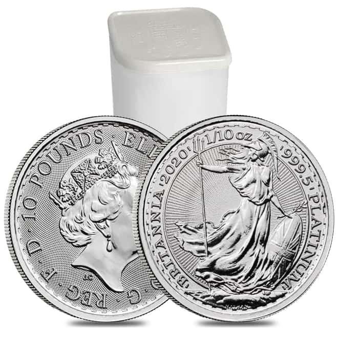 Roll of 25 - 2020 Great Britain 1/10 oz Platinum Britannia Coin .9995 Fine BU (Lot,Tube of 25)