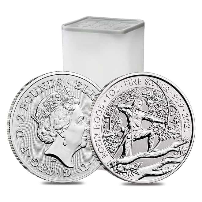 Monster Box of 500 - 2021 Great Britain 1 oz Robin Hood Silver Coin .999 Fine BU (20 Rolls, Tube of 25)