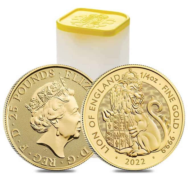 Tube of 25 - 2022 Great Britain 1/4 oz Gold The Tudor Beasts Lion of England Coin .9999 Fine BU