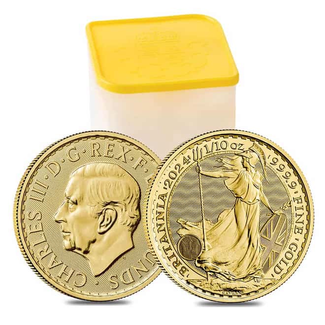 Tube of 25 - 2024 Great Britain 1/10 oz Gold Britannia Coin BU