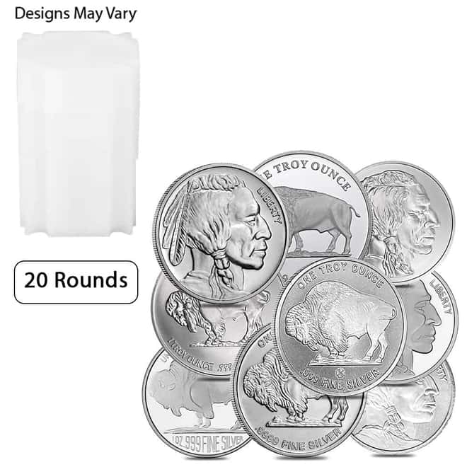 Silver at Spot - Tube of 20 - 1 oz Buffalo Silver Round .999 Fine (Random Design)