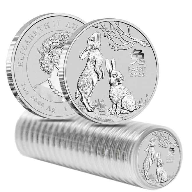 Box of 100 - 2023 1 oz Silver Lunar Year of The Rabbit BU Australian Perth Mint In Cap (5 Rolls, Lot of 100)