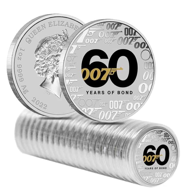 Roll of 20 - 2022 1 Oz Tuvalu James Bond - 60 Years Of Bond Colorized Silver Coin .9999 Fine BU