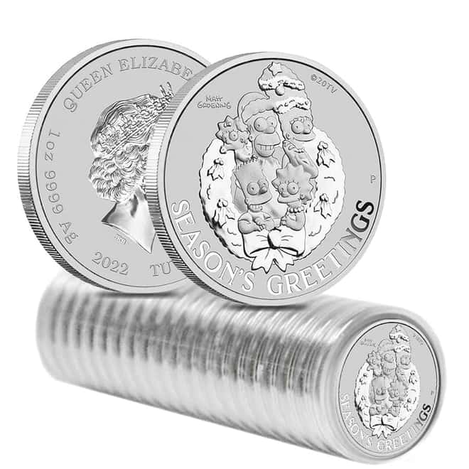 Roll of 20 - 2022 1 oz Tuvalu The Simpsons Season's Greetings Silver Coin .9999 Fine BU In Cap
