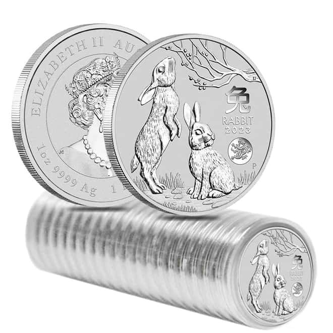 Box of 100 - 2023 1 oz Silver Lunar Year of The Rabbit Dragon Privy BU Australian Perth Mint In Cap (5 Rolls, Lot of 100)