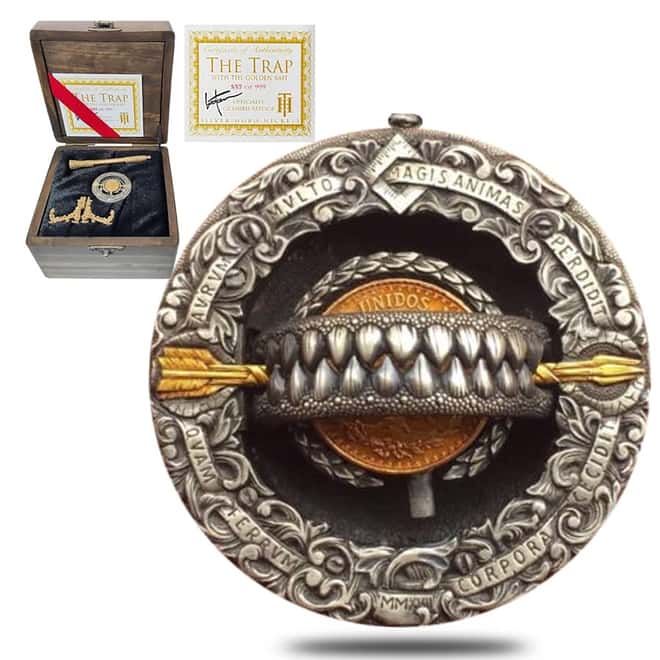Roman Booteen's Hobo Nickel Replica - ‘The Trap with the Golden Bait’ w/ Morgan Dollar and 2 Peso