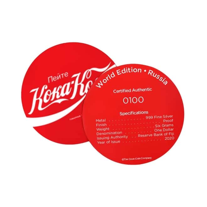 2020 6 gram Fiji Coca-Cola Russia Bottle Cap $1 Proof Silver Coin .999 Fine (w/Box & COA)