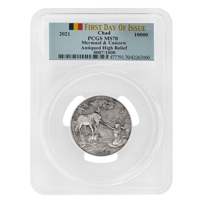 2021 Chad 2 oz Silver Mermaid & Unicorn Serial #7 PCGS MS 70 FDOI Antiqued High Relief - Mythical Creatures