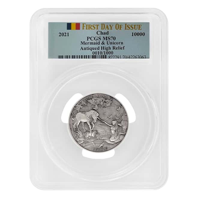 2021 Chad 2 oz Silver Mermaid & Unicorn Serial #10 PCGS MS 70 FDOI Antiqued High Relief - Mythical Creatures