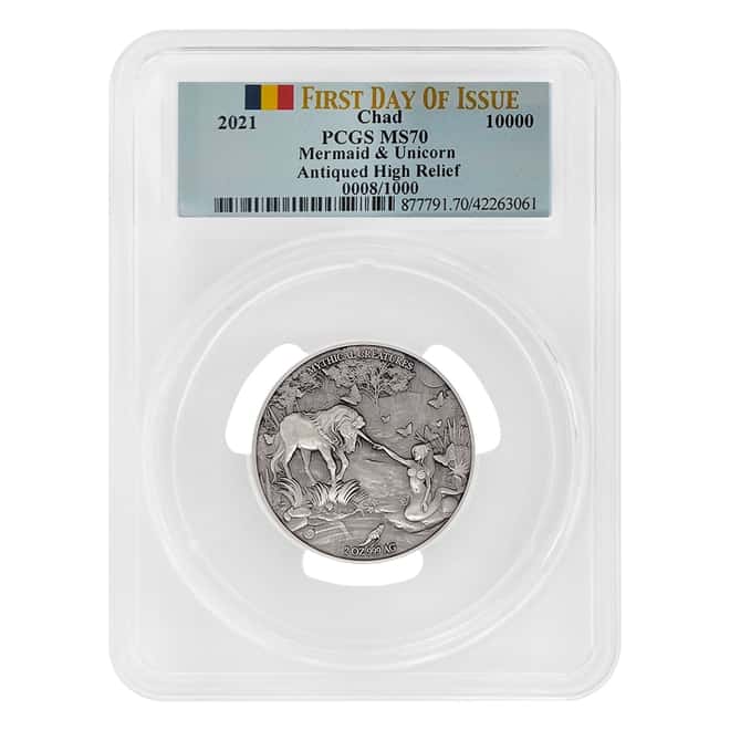 2021 Chad 2 oz Silver Mermaid & Unicorn Serial #8 PCGS MS 70 FDOI Antiqued High Relief - Mythical Creatures