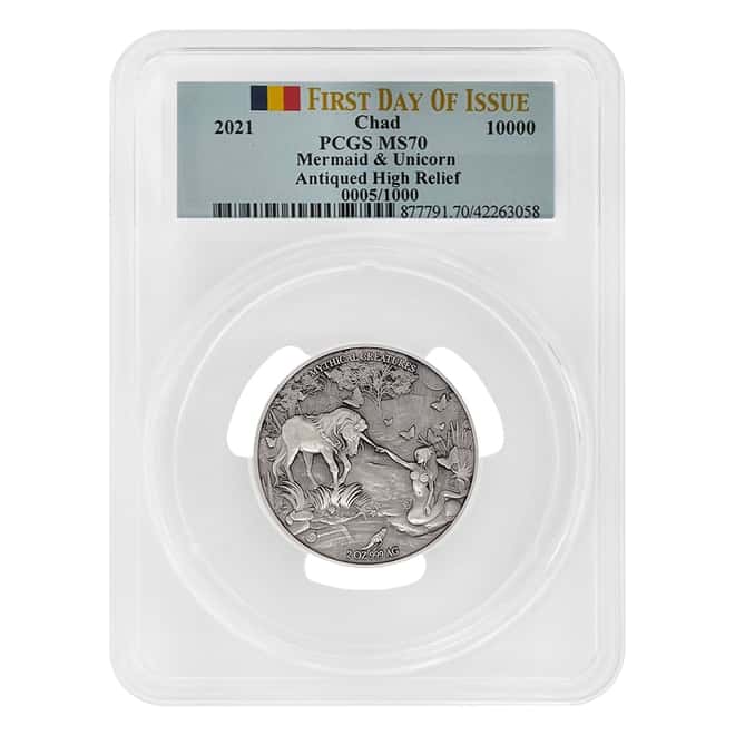 2021 Chad 2 oz Silver Mermaid & Unicorn Serial #5 PCGS MS 70 FDOI Antiqued High Relief - Mythical Creatures