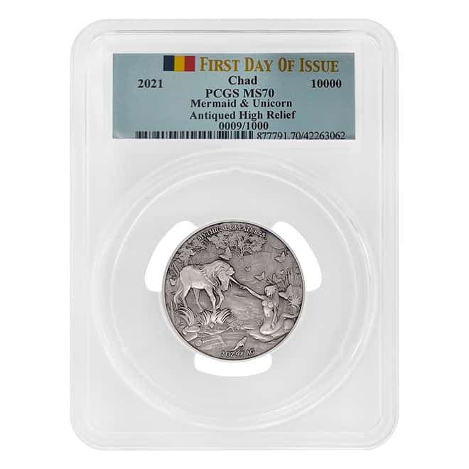 2021 Chad 2 oz Silver Mermaid & Unicorn Serial #9 PCGS MS 70 FDOI Antiqued High Relief - Mythical Creatures