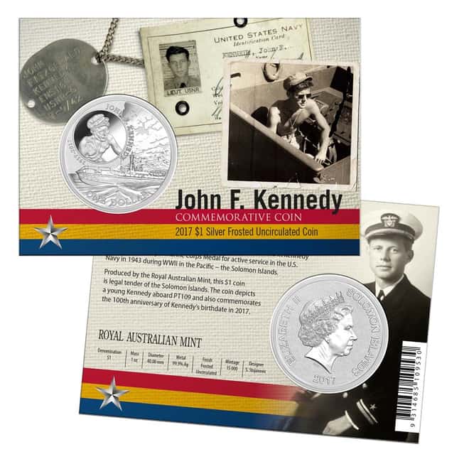 2017 1 oz Silver John F. Kennedy JFK Solomon Islands $1 Coin .999 Fine (In Assay) - 100th Anniv. JFK PT109