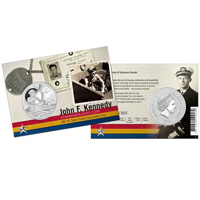 2017 1 oz Silver John F. Kennedy JFK Solomon Islands $1 Coin .999 Fine (In Assay) - 100th Anniv. JFK PT109