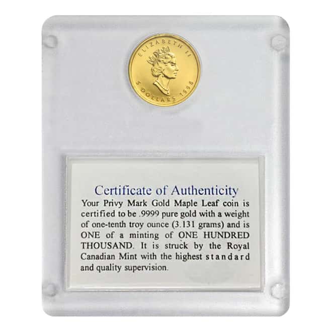 1998 1/10 oz Family of Eagles Gold $5 Canadian Maple Leaf .9999 Fine Gold (In Assay) Blue Label