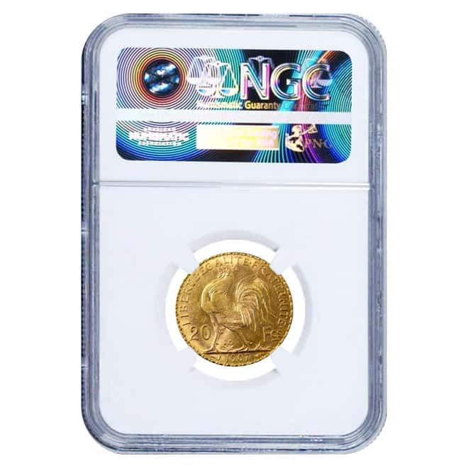 1907 France Gold 20 Francs Rooster NGC AU 58