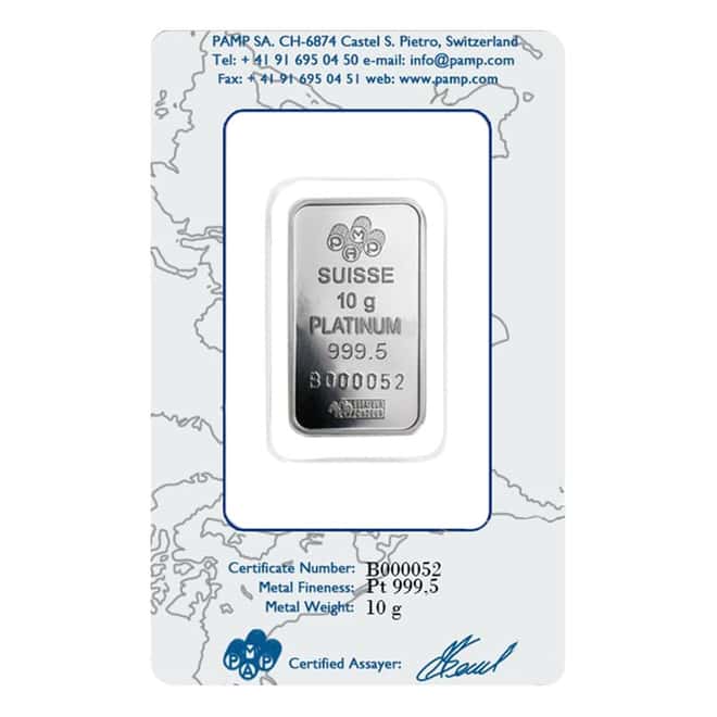 10 gram PAMP Suisse Lady Fortuna Platinum Bar .9995 Fine (In Assay)