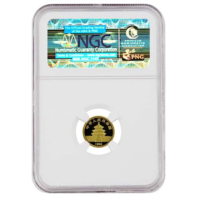 1990 1/20 oz China Gold Panda 5 Yuan NGC Large Date MS 65