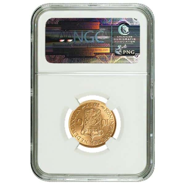 1917 Netherlands Gold 10 Guilder Wilhelmina NGC MS 63
