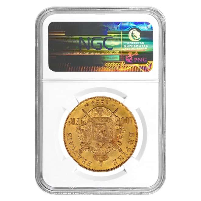 1869 A 100 Francs French Gold Napoleon III NGC MS 61