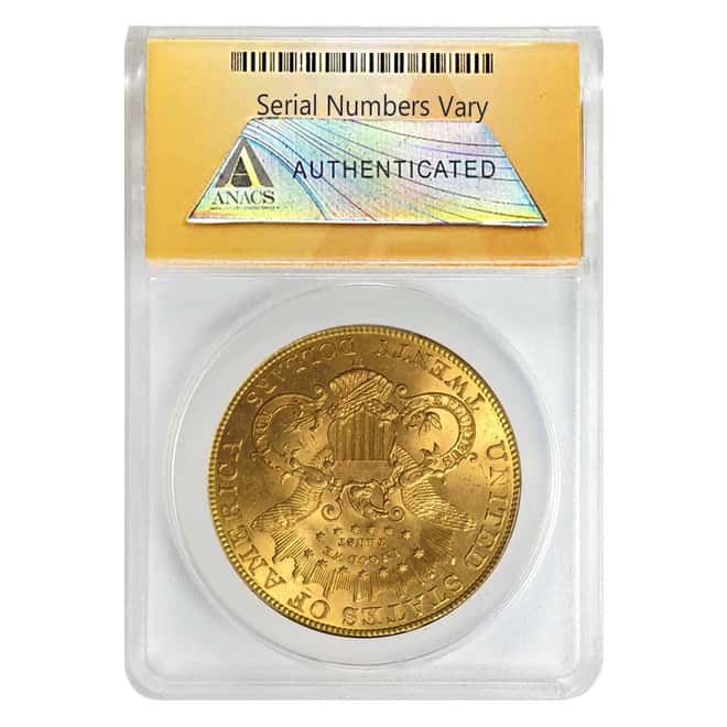 1907 D $20 Liberty Head Double Eagle Gold Coin ANACS MS 60