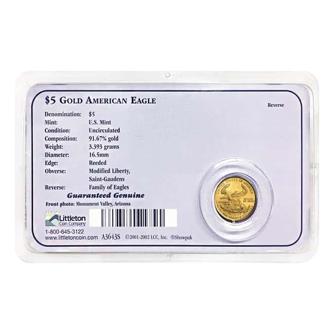 1999 1/10 oz Gold American Eagle $5 Coin Uncirculated (In Assay)