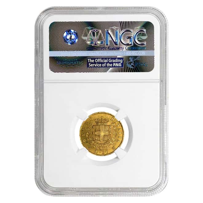 1863T Italy 20 Gold Lire Emanuele Vittorio NGC AU Details