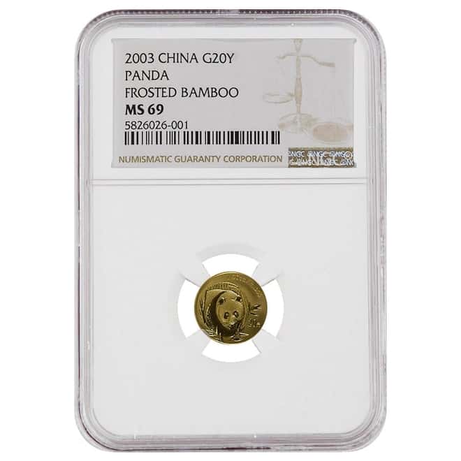 2003 1/20 oz Chinese Gold Panda 20 Yuan Frosted Bamboo NGC MS 69