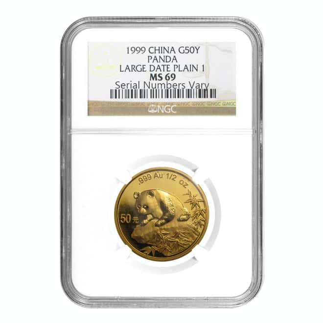 1999 China 1/2 oz Gold Panda Large Date 50 Yuan NGC MS 69 (Plain 1)