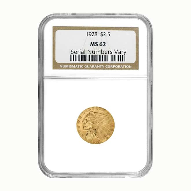 1928 $2.5 Gold Quarter Eagle Indian Head NGC MS 62