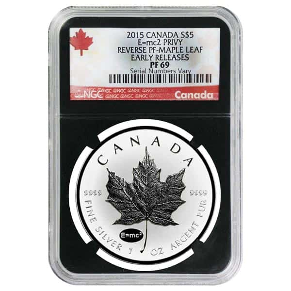 2015 1 oz Silver Canadian Maple Leaf E=mc2 Privy NGC PF 69 - Early Releases Red Label Retro Holder