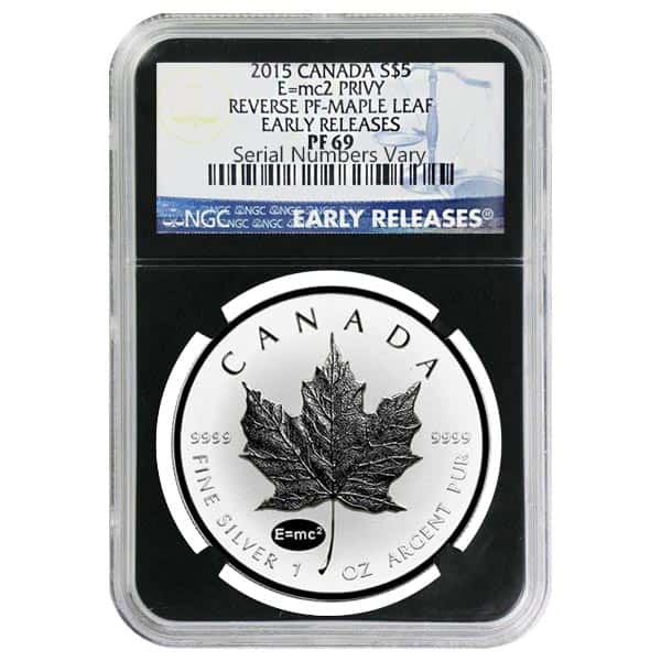2015 1 oz Silver Canadian Maple Leaf E=mc2 Privy NGC PF 69 - Early Releases Blue Label Retro Holder