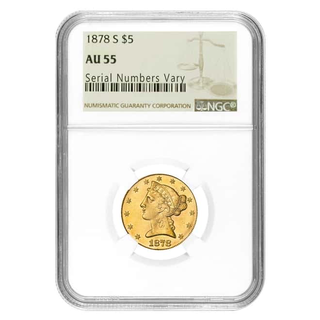 1878 S $5 Liberty Head Half Eagle Gold Coin NGC AU 55    