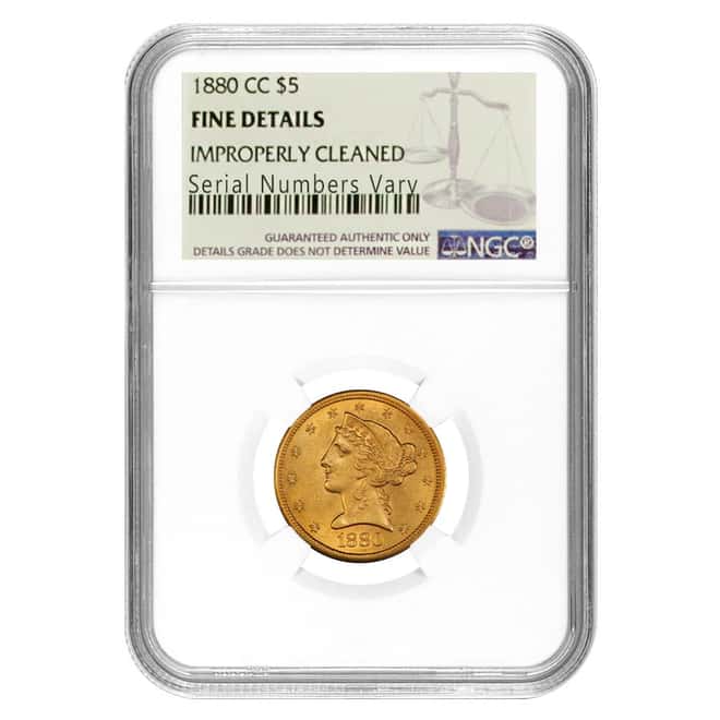 1880 CC $5 Liberty Head Half Eagle Gold Coin NGC Fine Details       