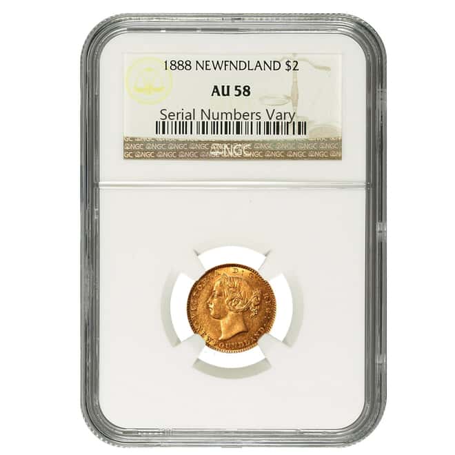 1888 Gold Newfoundland Coin $2 CAD NGC AU 58