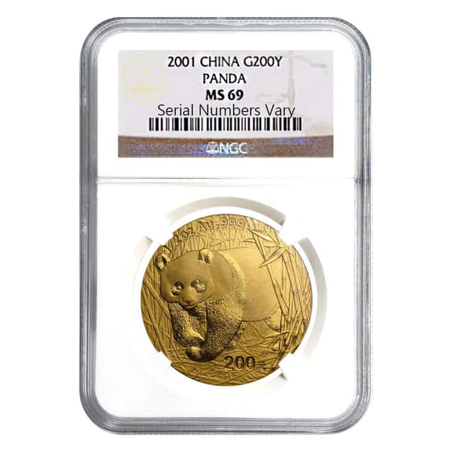 2001 China 1/2 oz Gold Panda 200 Yuan NGC MS 69